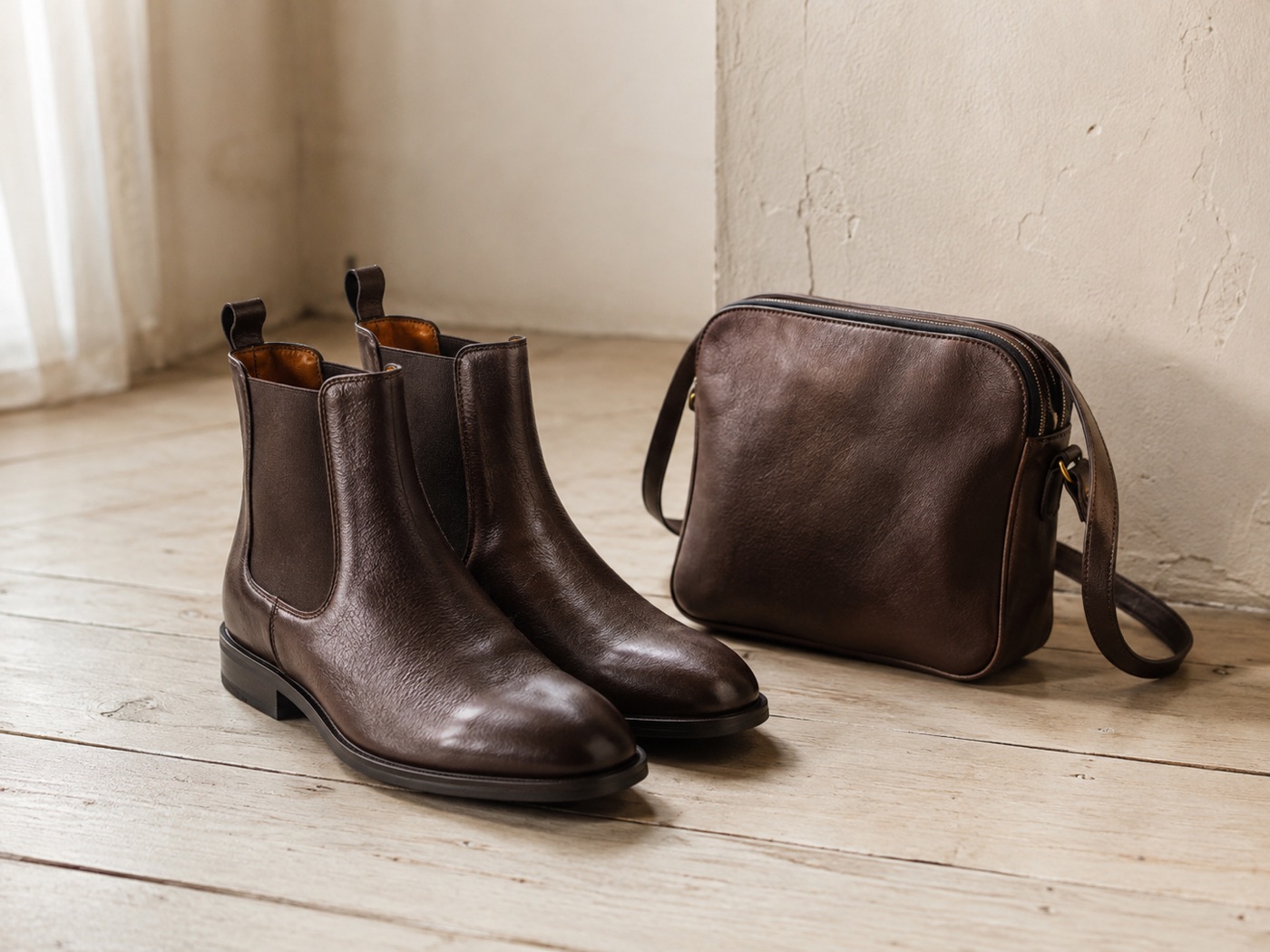 Brown Chelsea boots beside a small leather bag