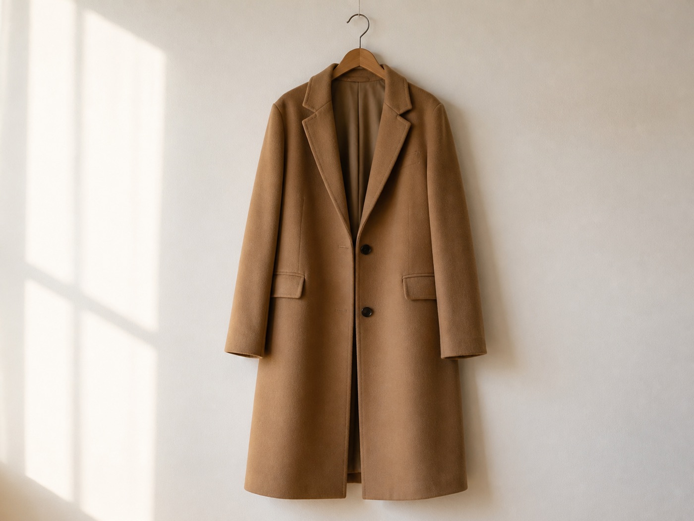 A camel wool coat on a wooden hanger
