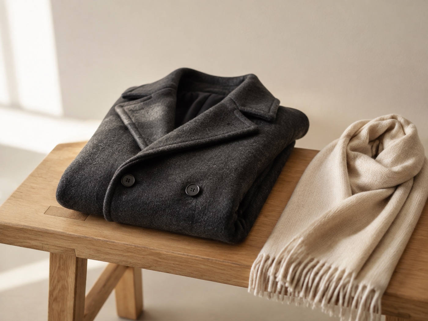 A charcoal coat folded on a bench with a bone scarf